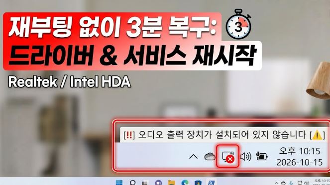 윈도우 작업표시줄 스피커 아이콘 빨간색 X 표시와 오디오 출력 장치 복구 대표 이미지