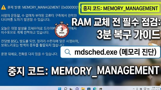 윈도우 11 중지 코드 MEMORY MANAGEMENT 블루스크린 화면과 메모리 진단 복구 대표 이미지